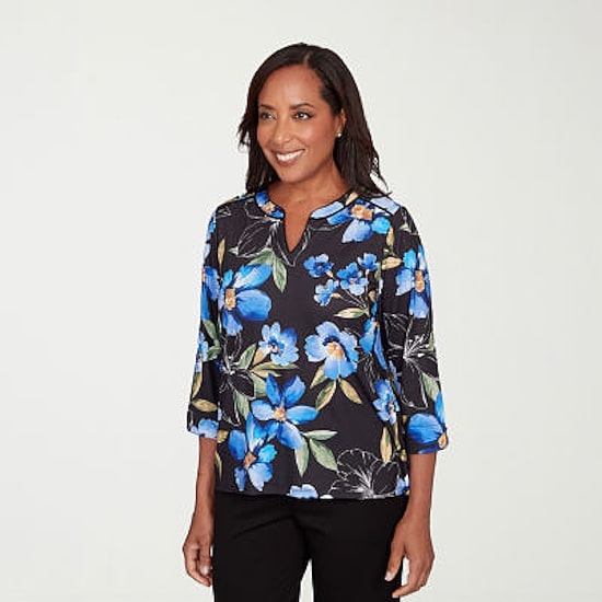 Alfred Dunner Barcelona Womens Split Crew Neck 3/4 Sleeve T-Shirt