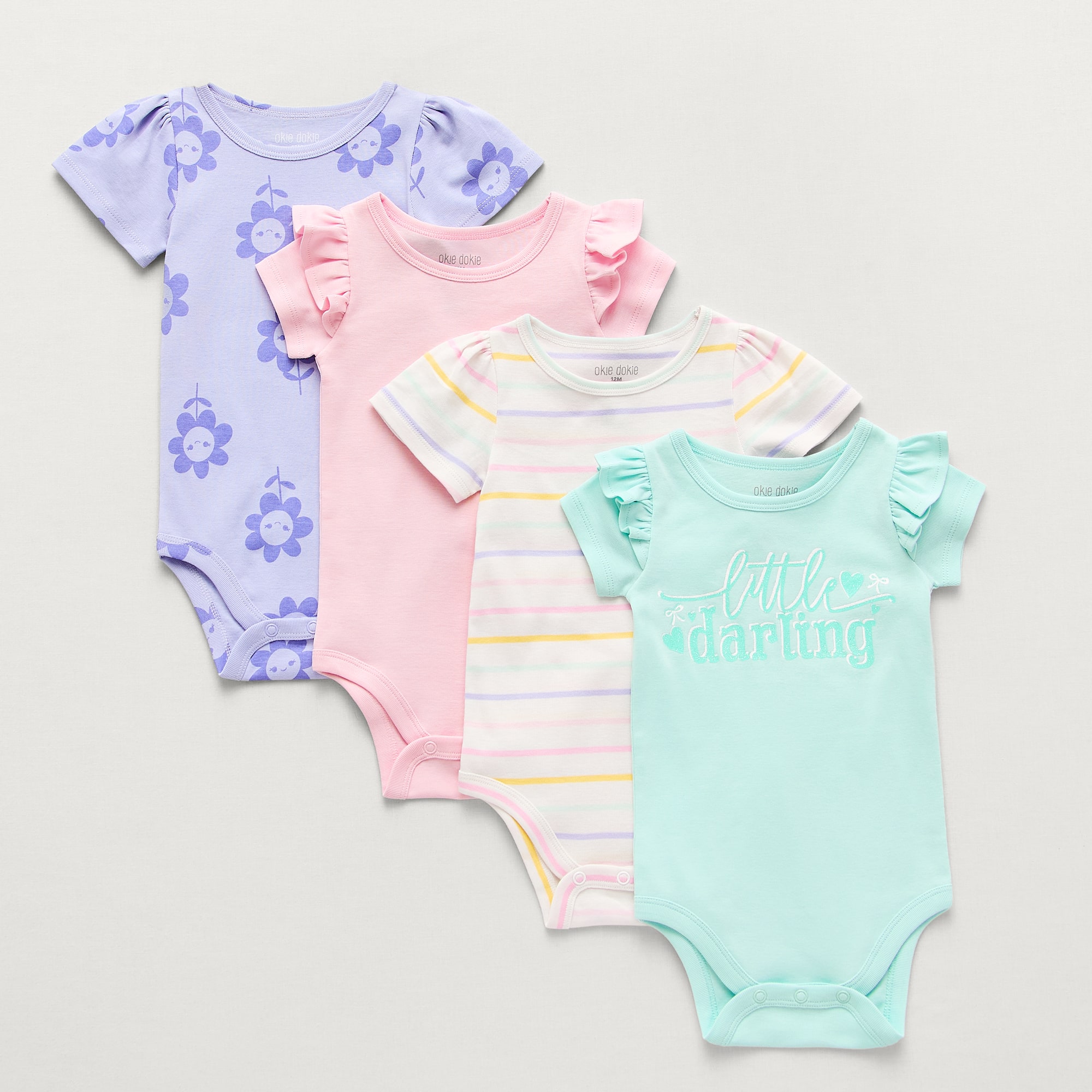 Okie Dokie Baby Girls Round Neck Short Sleeve 4-pc. Bodysuit