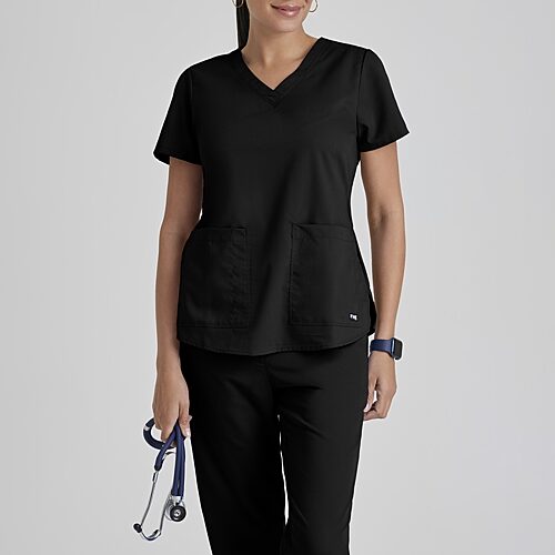 Grey's Anatomy by Barco Classic 71166 Aubrey 2-Pocket Womens V Neck Short Sleeve Tag Free Scrub Top, X-large, Black
