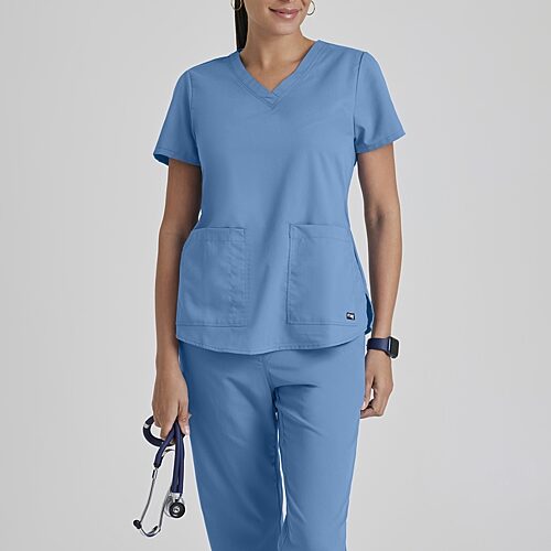 Grey's Anatomy by Barco Classic 71166 Aubrey 2-Pocket Womens V Neck Short Sleeve Tag Free Scrub Top, X-large, Blue