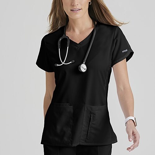 Grey's Anatomy by Barco Classic 41423 Cora 4-Pocket Womens V Neck Short Sleeve Tag Free Scrub Top, X-large, Black