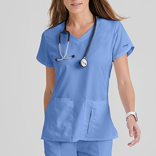 Grey's Anatomy by Barco Classic 41423 Cora 4-Pocket Womens V Neck Short Sleeve Tag Free Scrub Top, X-large, Blue