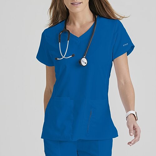 Grey's Anatomy by Barco Classic 41423 Cora 4-Pocket Womens V Neck Short Sleeve Tag Free Scrub Top, Medium, Blue