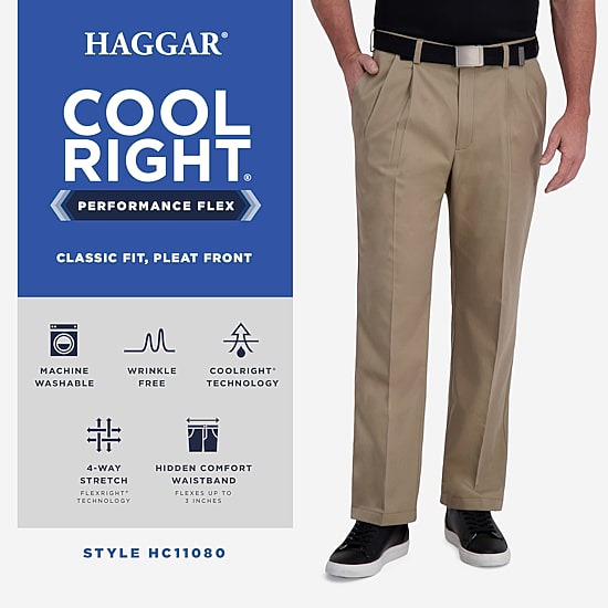 Haggar Cool Right Performance Flex Mens Classic Fit Pleated Pant
