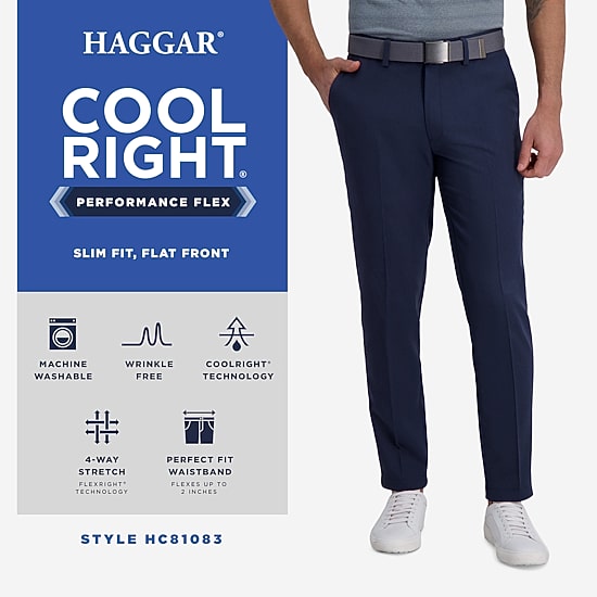 Haggar Cool Right Performance Flex Mens COMFORT WAISTBAND Slim Fit Flat Front Pant