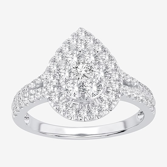 (H-I / I1) Womens 1 CT. T.W. Lab Grown White Diamond 10K or 14K Gold Pear Side Stone Halo Engagement Ring