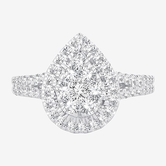 (H-I / I1) Womens 1 CT. T.W. Lab Grown White Diamond 10K or 14K Gold Pear Side Stone Halo Engagement Ring