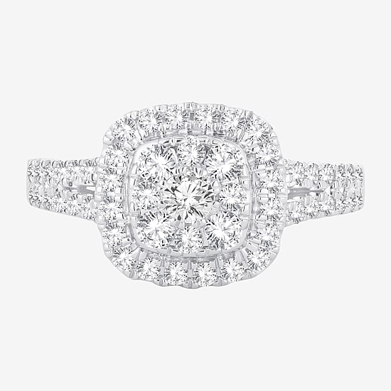 (H-I / I1) Womens 1 CT. T.W. Lab Grown White Diamond 10K or 14K Gold Cushion Side Stone Halo Engagement Ring