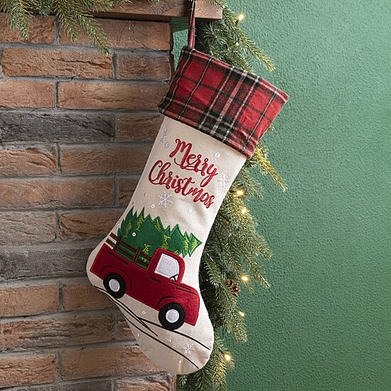 Glitzhome Embroidered Linen Red Truck Christmas Stocking