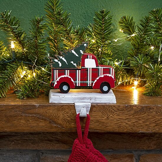 Glitzhome Wooden & Metal Red Truck Christmas Stocking Holder