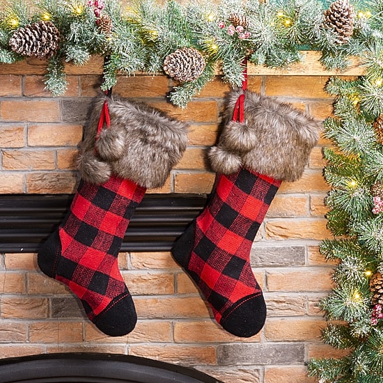 Glitzhome 21" Fur Buffalo Plaid Christmas Stocking - Set of 2