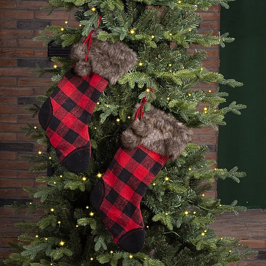 Glitzhome 21" Fur Buffalo Plaid Christmas Stocking - Set of 2
