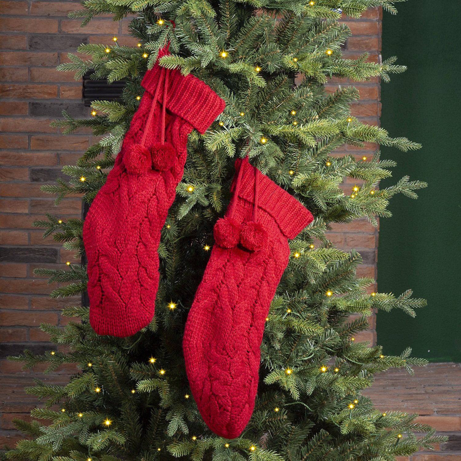 Glitzhome 24" Red Knitted Christmas Stocking - Set of 2