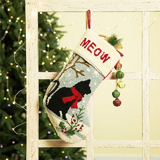 Glitzhome 20" Cat "Meow" Hooked Christmas Stocking