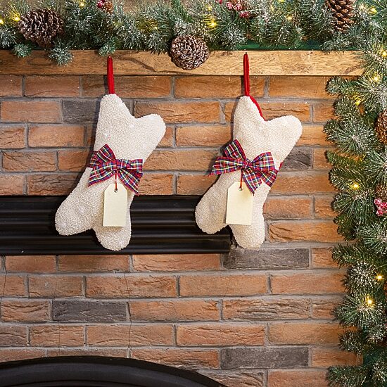 Glitzhome 12.5" Bone Shaped Hooked Christmas Stocking - Set of 2