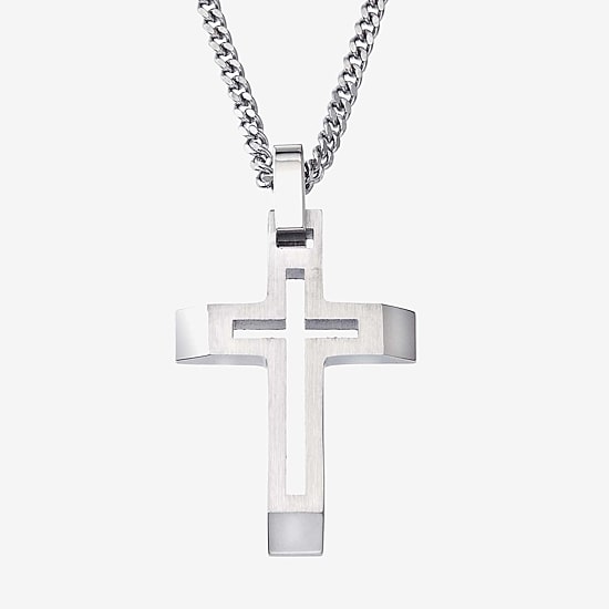 Mens Stainless Steel Cross 24 Inch Pendant Necklace