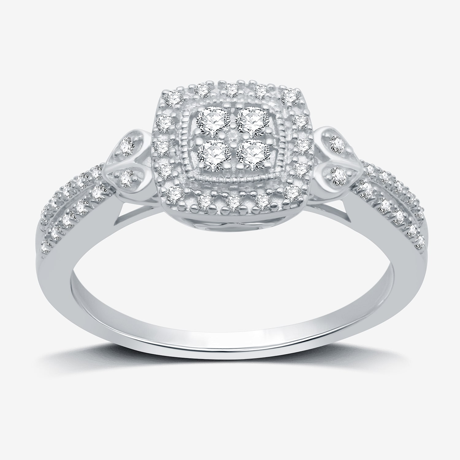Womens 1/4 CT. T.W. Natural White Diamond Sterling Silver Cushion Side Stone Halo Promise Ring