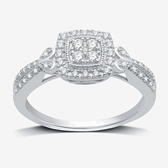 Womens 1/4 CT. T.W. Natural White Diamond Sterling Silver Cushion Side Stone Halo Promise Ring