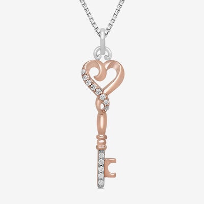 Hallmark Diamonds Womens 1/10 CT. T.W. Natural White Diamond 14K Rose Gold Over Silver Sterling Silver Heart Keys 18 Inch Pendant Necklace