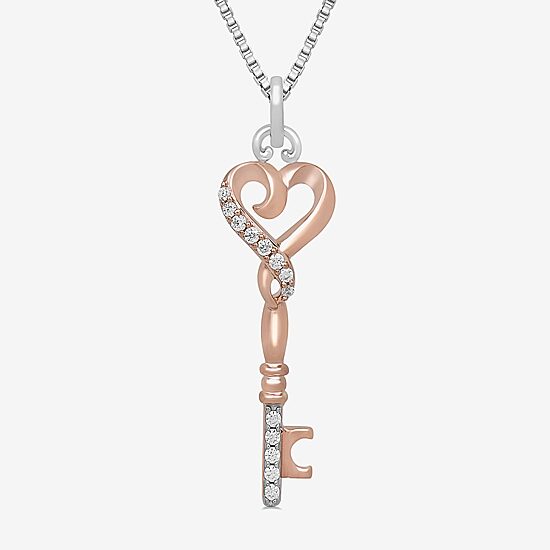 Hallmark Diamonds Womens 1/10 CT. T.W. Natural White Diamond 14K Rose Gold Over Silver Sterling Silver Heart Keys 18 Inch Pendant Necklace