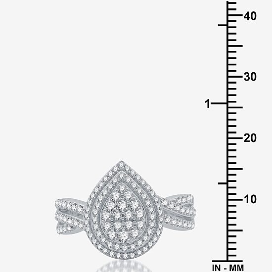 Womens 3/4 CT. T.W. Natural White Diamond Sterling Silver Pear Halo Side Stone Cocktail Ring