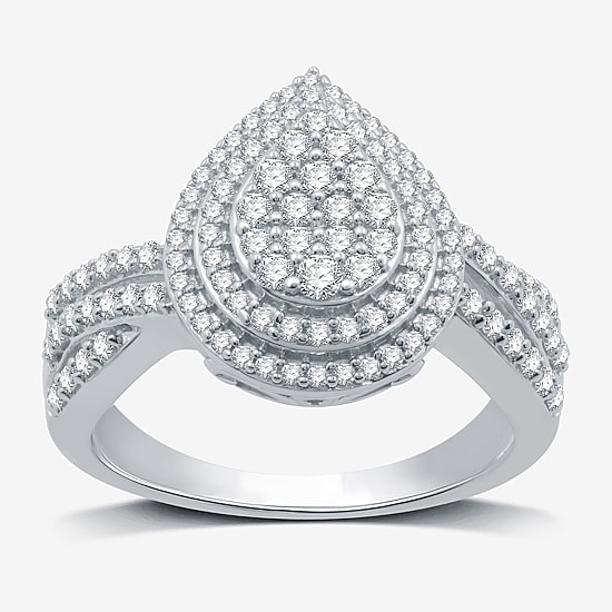 Womens 3/4 CT. T.W. Natural White Diamond Sterling Silver Pear Halo Side Stone Cocktail Ring