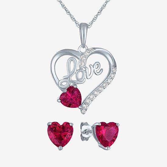 "Love" Womens Lab Created Red Ruby Sterling Silver Heart Jewelry Set