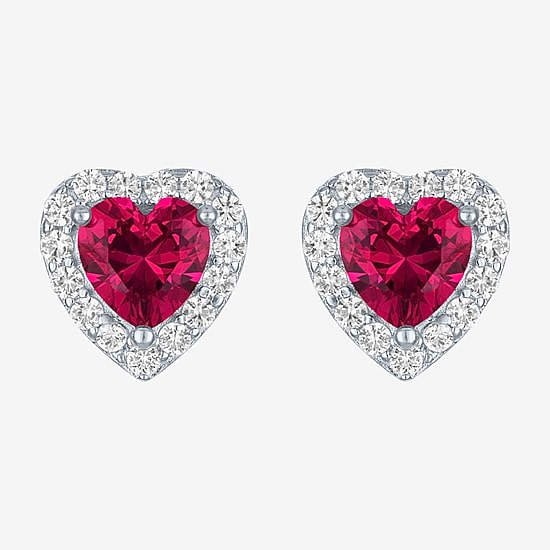 Lab Created Red Ruby Sterling Silver 10mm Heart Stud Earrings