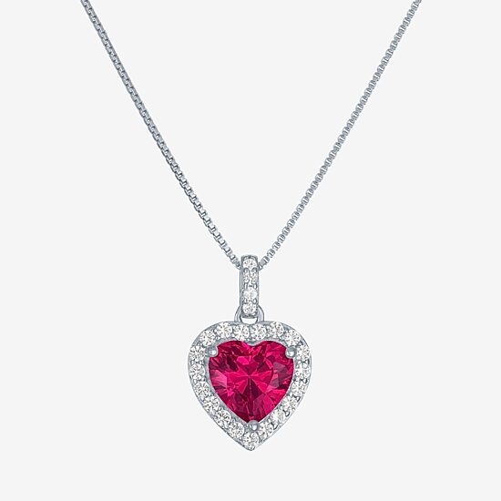 Womens Lab Created Red Ruby Sterling Silver Heart 18 Inch Pendant Necklace