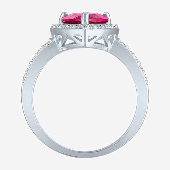 Womens Lab Created Red Ruby Sterling Silver Heart Halo Side Stone Cocktail Ring