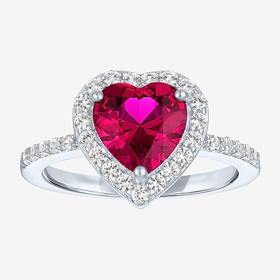 Womens Lab Created Red Ruby Sterling Silver Heart Halo Side Stone Cocktail Ring