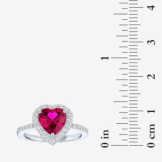 Womens Lab Created Red Ruby Sterling Silver Heart Halo Side Stone Cocktail Ring