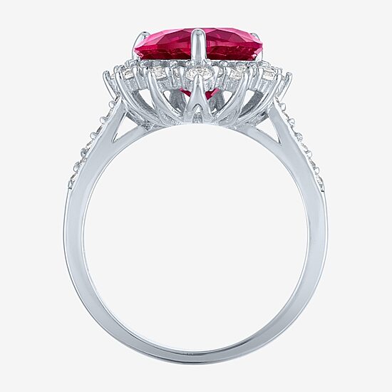 Womens Lab Created Red Ruby Sterling Silver Heart Halo Side Stone Cocktail Ring