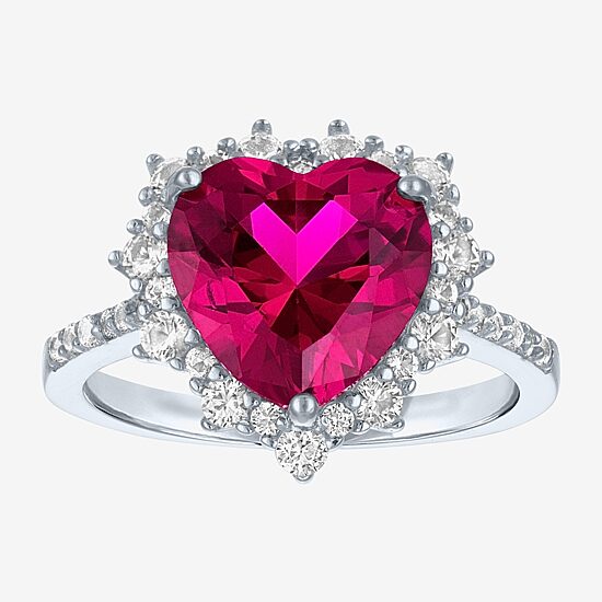Womens Lab Created Red Ruby Sterling Silver Heart Halo Side Stone Cocktail Ring