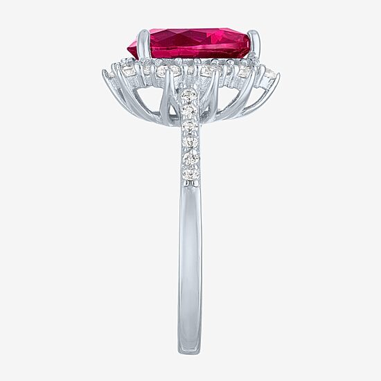 Womens Lab Created Red Ruby Sterling Silver Heart Halo Side Stone Cocktail Ring