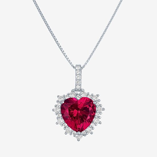 Womens Lab Created Red Ruby Sterling Silver Heart 18 Inch Pendant Necklace
