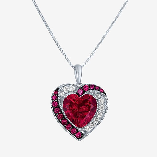 Womens Lab Created Red Ruby Sterling Silver Heart 18 Inch Pendant Necklace