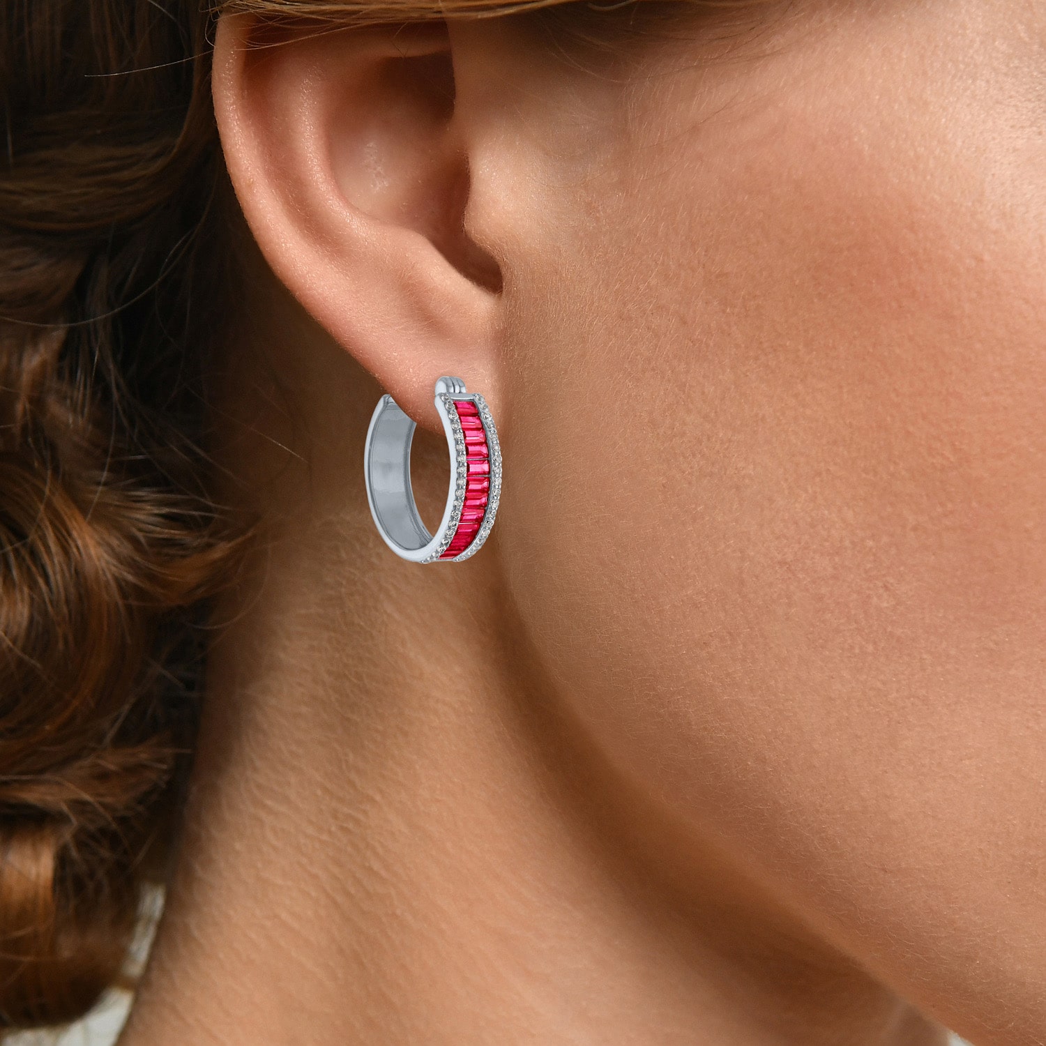 Womens Lab Created Red Ruby Sterling Silver 19mm Hoop Earrings
