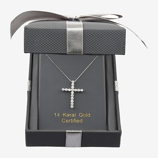 Floating Diamonds (F / Vs2) Womens 1 CT. T.W. Lab Grown White Diamond 14K Gold Cross 18 Inch Pendant Necklace