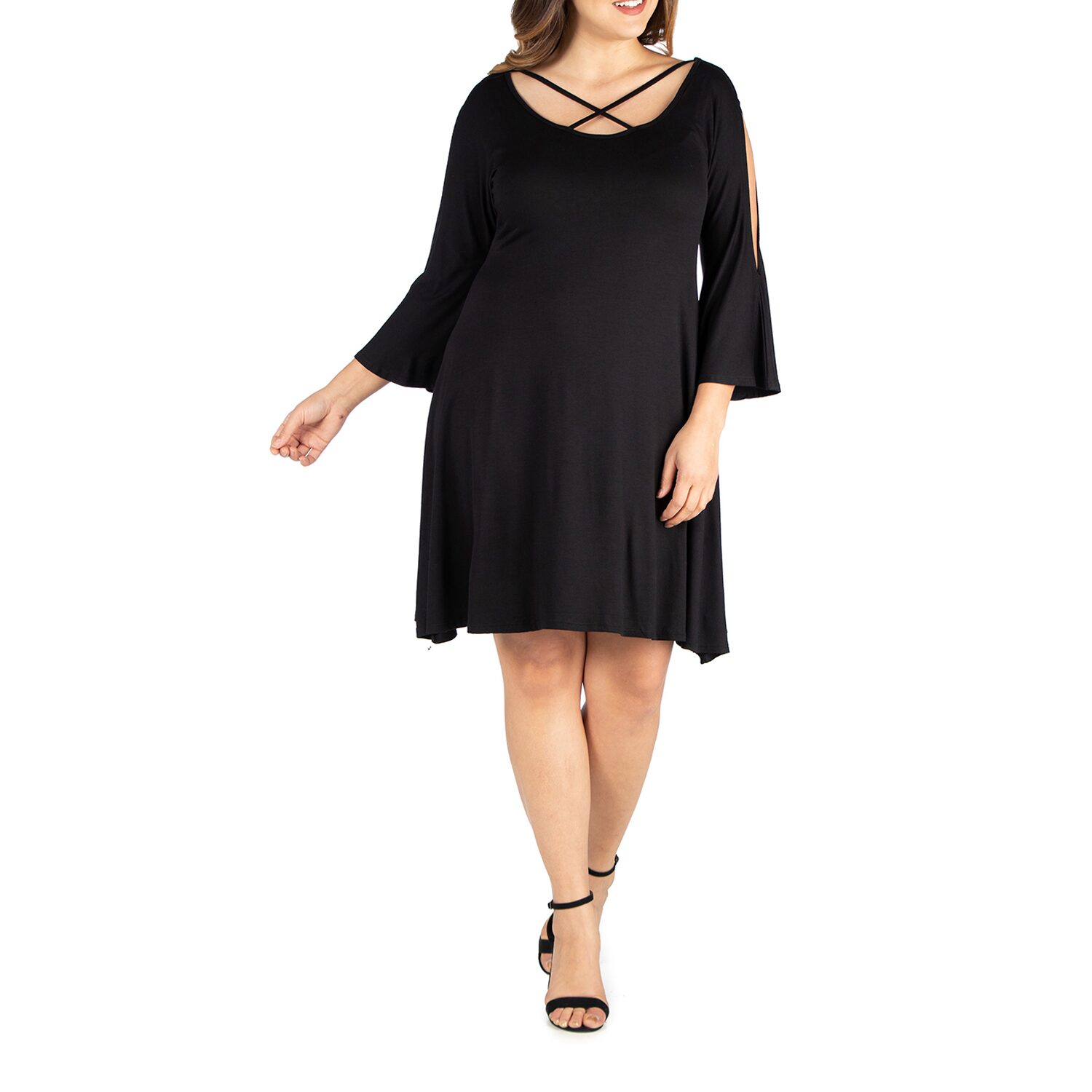 24seven Comfort Apparel Womens Plus Round Neck 3/4 Sleeve A-Line Dress