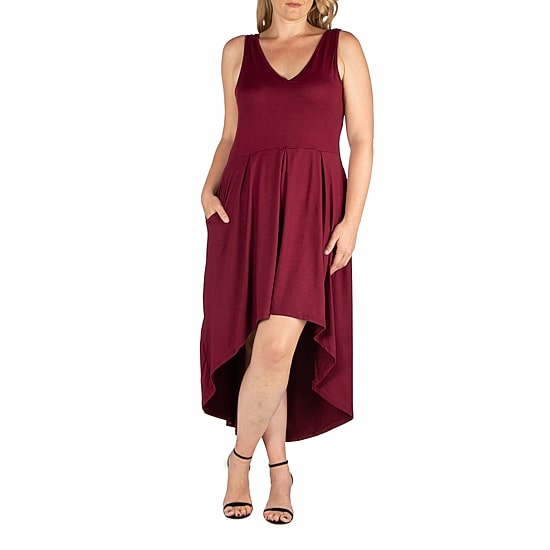 24seven Comfort Apparel Womens Plus Midi V Neck Sleeveless A-Line Dress
