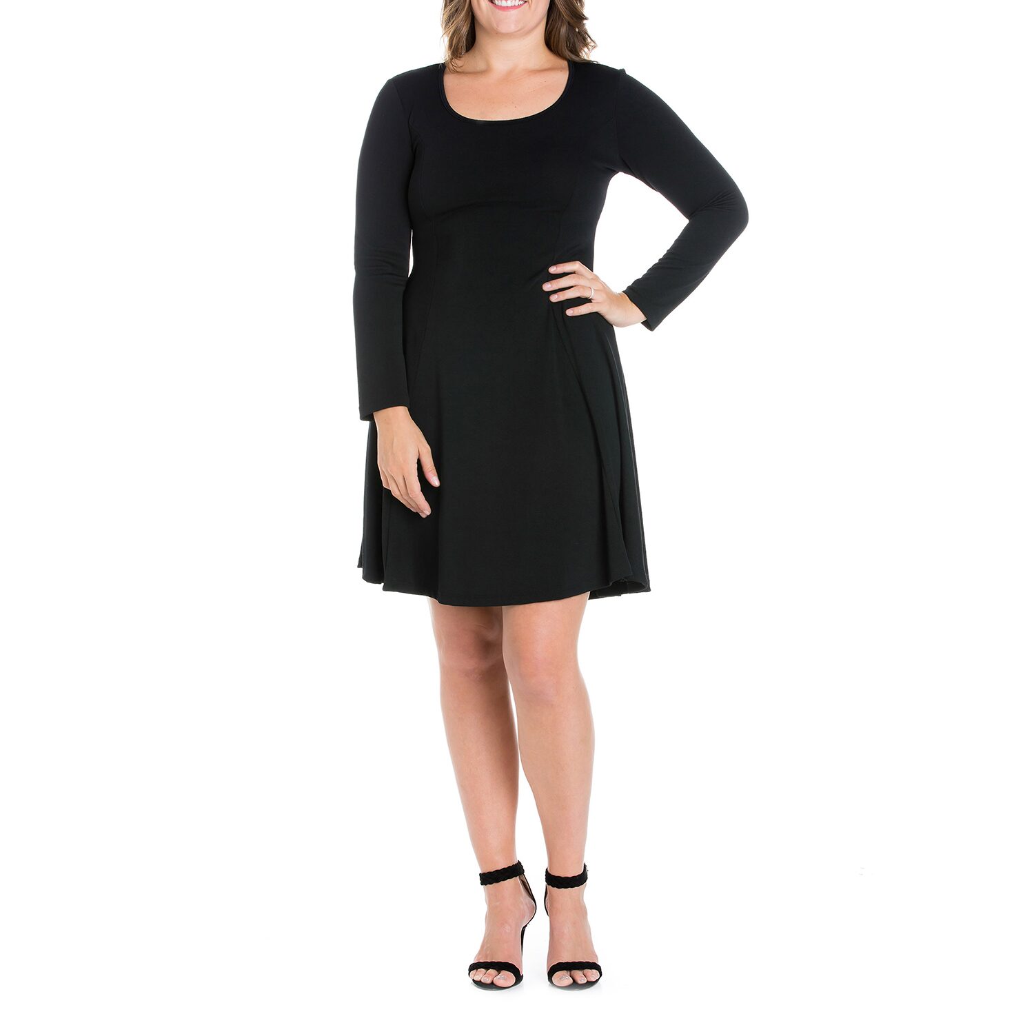 24seven Comfort Apparel Womens Plus Scoop Neck Long Sleeve A-Line Dress