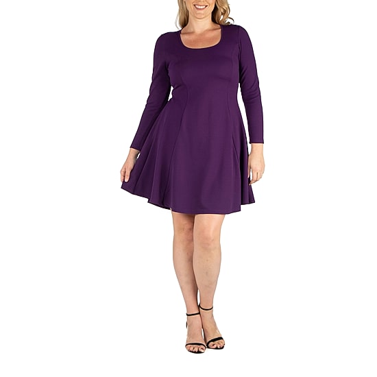 24seven Comfort Apparel Womens Plus Scoop Neck Long Sleeve A-Line Dress