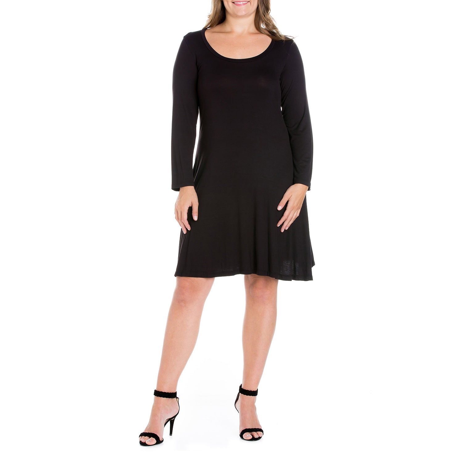 24seven Comfort Apparel Womens Plus Scoop Neck Long Sleeve A-Line Dress