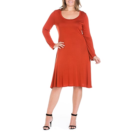 24seven Comfort Apparel Womens Plus Scoop Neck Long Sleeve A-Line Dress
