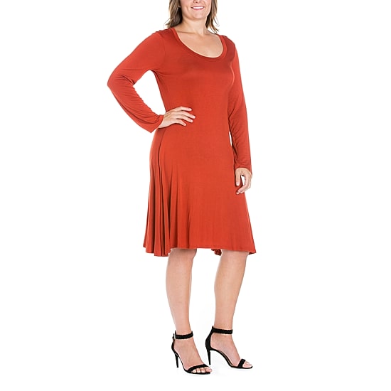 24seven Comfort Apparel Womens Plus Scoop Neck Long Sleeve A-Line Dress