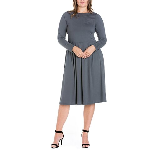 24seven Comfort Apparel Womens Plus Midi Round Neck Long Sleeve Fit + Flare Dress, 2x, Gray