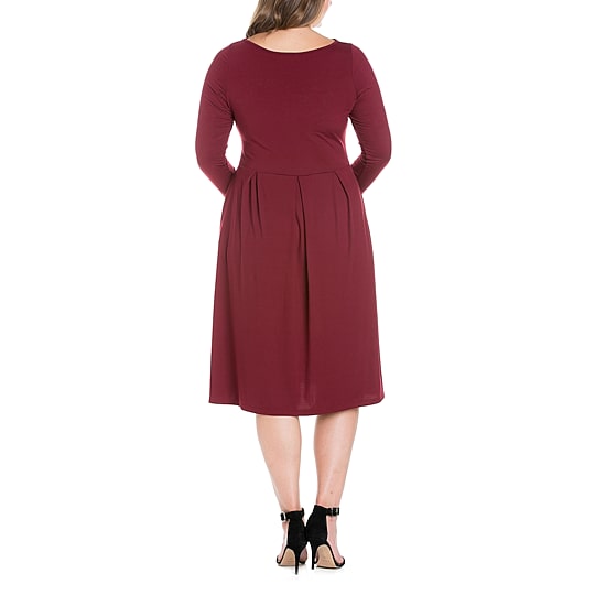 24seven Comfort Apparel Womens Plus Midi Round Neck Long Sleeve Fit + Flare Dress
