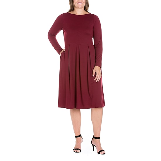 24seven Comfort Apparel Womens Plus Midi Round Neck Long Sleeve Fit + Flare Dress