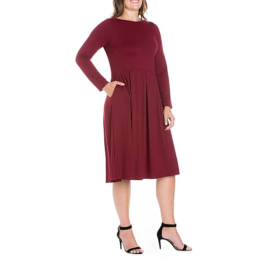 24seven Comfort Apparel Womens Plus Midi Round Neck Long Sleeve Fit + Flare Dress